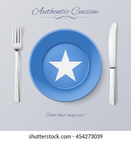 Authentic Cuisine of Somalia. Plate with Somalian Flag and Cutlery