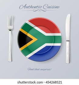 Authentic Cuisine of South Africa. Plate with Flag and Cutlery