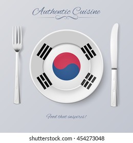 Authentic Cuisine of South Korea. Plate with South Korean Flag and Cutlery