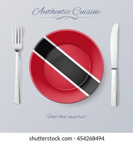 Authentic Cuisine of Trinidad and Tobago. Plate with Flag and Cutlery