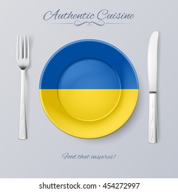 Authentic Cuisine of Ukraine. Plate with Ukrainian Flag and Cutlery
