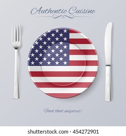 Authentic Cuisine of USA. Plate with American Flag and Cutlery