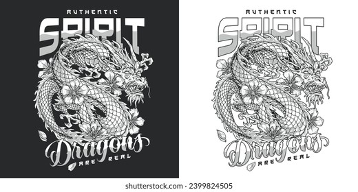 Authentic dragon spirit flyer monochrome with traditional oriental predator with long horns and aggressive grimace vector illustration