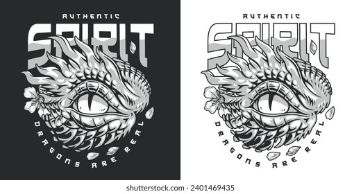 Authentic dragon spirit monochrome flyer with eye of fantastic reptile covered with scales near flower petals vector illustration