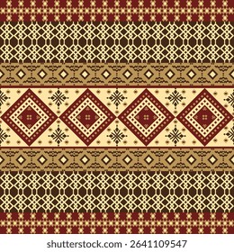 Authentic ethnic geometric pattern with traditional diamond motifs in warm earth tones. Classic tribal design perfect for textiles, crafts and cultural decor projects.