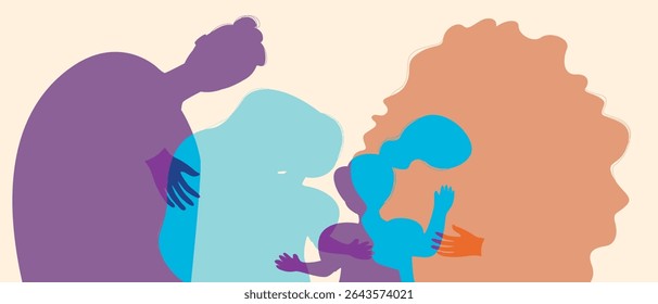 Authentic Family with kids, silhouette vector stock illustration with happy people