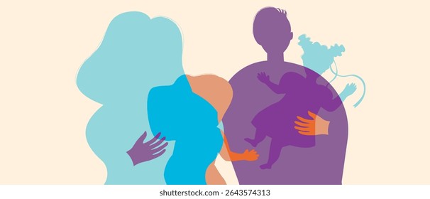 Authentic Family with kids, silhouette vector stock illustration with happy parents and baby girl