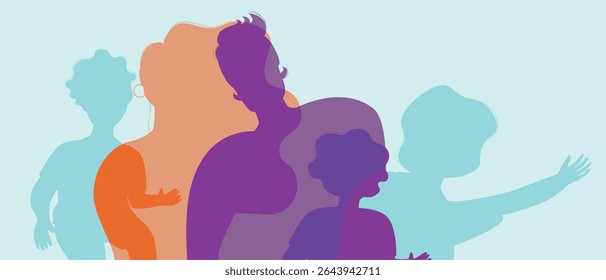 Authentic Family with kids, silhouette vector stock illustration with happy parents as a large family