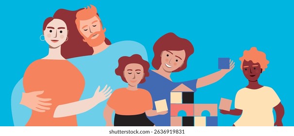 Authentic Family playing with adopted kids in cubes, flat vector stock illustration with children and parents