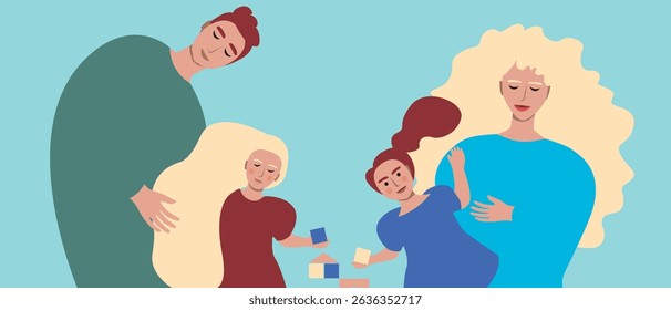 Authentic Family playing with kids cubes, flat vector stock illustration with children and parents isolated