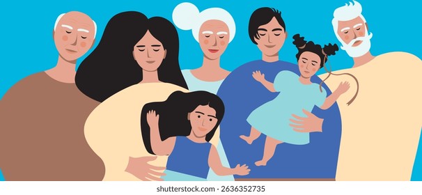 Authentic Family with several generations and baby girl, flat vector stock illustration with grandparents, parents and children happy