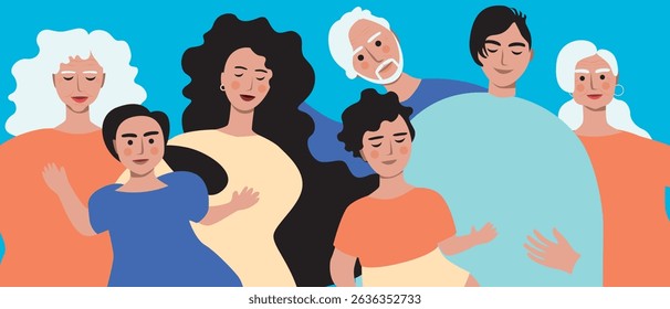 Authentic Family with several generations of people, flat vector stock illustration with grandparents, mom and dad and cute kids
