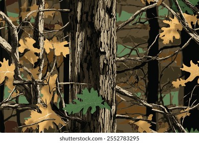 Authentic forest-inspired camouflage seamless pattern, crafted for hunting and military uniforms. Perfect for outdoor enthusiasts and tactical gear