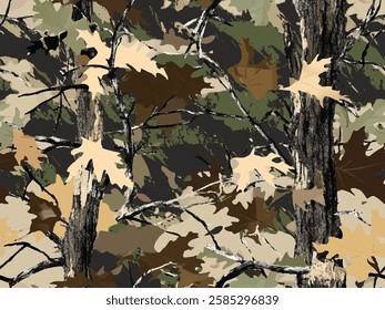 Authentic forest-inspired camouflage seamless pattern, crafted for hunting and military uniforms. Perfect for outdoor enthusiasts and tactical gear