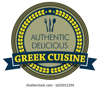 Authentic Greek Cuisine. Vector Label with Ribbon.