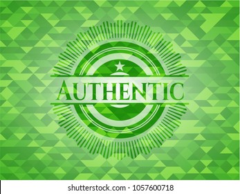 Authentic green emblem with triangle mosaic background