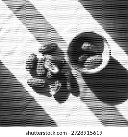 Authentic halftone illustration of dates in a bowl, representing Ramadan food traditions and healthy nutrition. Perfect for iftar meal graphics, Middle Eastern food brands, and religious celebration content.