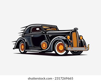 Auténtico logo dibujado a mano que ilustra un auto viejo, evocando un sentido de nostalgia, artesanía y la alegría de los viajes por carretera abiertos