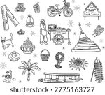 Authentic hand-drawn doodle set celebrates the unique local charm of Thailand, with a specific focus on the riverside culture of Ko Kret, Nonthaburi. The collection features iconic Thai symbols including the famous leaning pagoda (Phra Chedi Mutao), a traditional street food cart (Rot Khen), and OTOP village signage representing high-quality local craftsmanship. Other illustrated elements include local snacks like Tod Mun (fish cakes), traditional pottery, lotus flowers, a long-tail boat, a vintage bicycle, and daily life essentials like a Thai cat and flower garlands. This versatile vector-style set is perfect for travel blogs, cultural presentations, restaurant menus, or any project aiming to evoke the warm, nostalgic feeling of Thai village life.