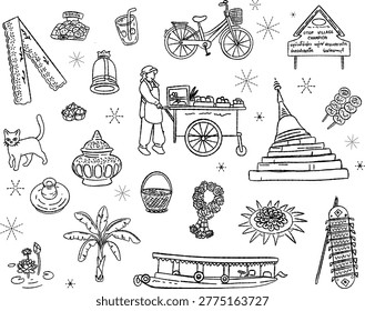 Authentic hand-drawn doodle set celebrates the unique local charm of Thailand, with a specific focus on the riverside culture of Ko Kret, Nonthaburi. The collection features iconic Thai symbols including the famous leaning pagoda (Phra Chedi Mutao), a traditional street food cart (Rot Khen), and OTOP village signage representing high-quality local craftsmanship. Other illustrated elements include local snacks like Tod Mun (fish cakes), traditional pottery, lotus flowers, a long-tail boat, a vintage bicycle, and daily life essentials like a Thai cat and flower garlands. This versatile vector-style set is perfect for travel blogs, cultural presentations, restaurant menus, or any project aiming to evoke the warm, nostalgic feeling of Thai village life.