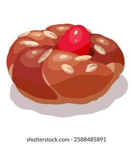 Authentic handmade Greek Tsoureki (sweet braided bread) with mastic of Chios, filleted almonds and red dyed egg. Traditional Easter cuisine. Vector illustration on white background.