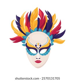 Authentic handmade venetian painted carnival face mask Mardi gras holiday feather masque Masquerade party face disguise accessory capturing spirit of celebration and intrigue at masquerade ball Vector