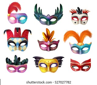 Authentic handmade venetian painted carnival face masks collection for party decoration or masquerade realistic isolated vector illustration 