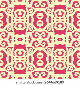Authentic ikat seamless pattern with a traditional, ethnic feel. Abstract tribal motifs in vibrant pink on a pale yellow background, perfect for bohemian-style textiles, wallpaper, and decor