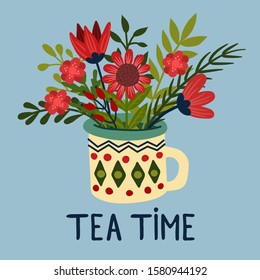 Authentic illustration of herbal tea. Scandinavian style. Great for menu and flyers decoration, cafeteria posters. Hygge atmosphere.