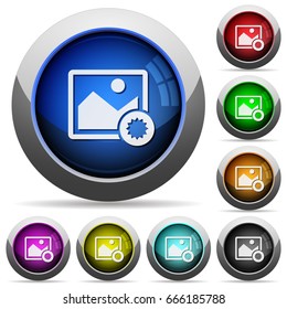 Authentic image icons in round glossy buttons with steel frames