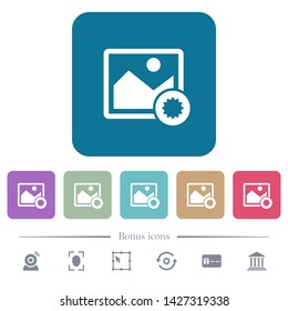 Authentic image white flat icons on color rounded square backgrounds. 6 bonus icons included