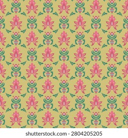 Authentic Indian block style featuring vibrant blossoms on mustard background for elegant bedding, upholstery, and classic wallcoverings.