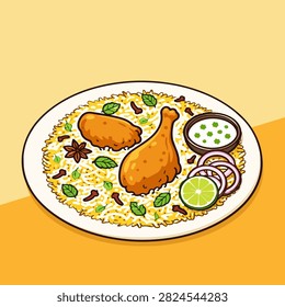 Authentic Indian Chicken Biryani Platter Flat Vector Food Illustration with Raita for Restaurant Menu Branding and Packaging Design