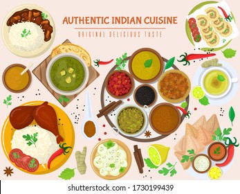 Authentic indian food, original delicious taste banner, flat vector illustration. Spicy asian foodstuff, piquant flavor meal product. Hindustani restaurant eatables, dish establishment.