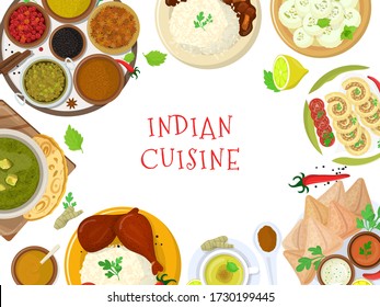 Authentic indian food, original delicious taste banner, flat vector illustration. Spicy asian foodstuff, piquant flavor meal product. Hindustani restaurant eatables, dish establishment.