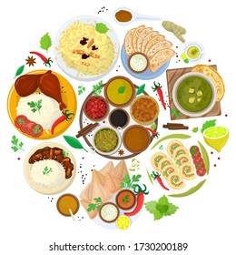 Authentic indian food, original delicious taste banner, flat vector illustration. Spicy asian foodstuff, piquant flavor meal product. Hindustani restaurant eatables, dish establishment.