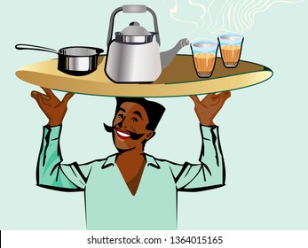 Authentic Indian tea-cutting chai. Street tea vendor-chai wala in Mumbai. Vector for design flyer, invitation, card, poster.