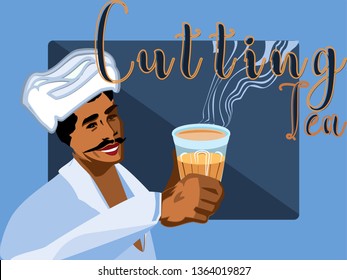 Authentic Indian tea-cutting chai. Street tea vendor-chai wala in Mumbai. Vector for design flyer, invitation, card, poster.