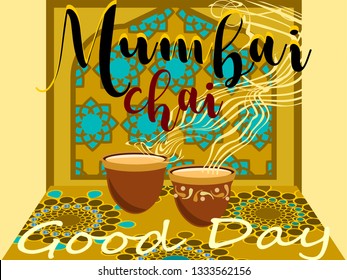 Authentic indian tea-cutting chai.Traditional chai glass.Vector for design flyer,invitation, card, poster.