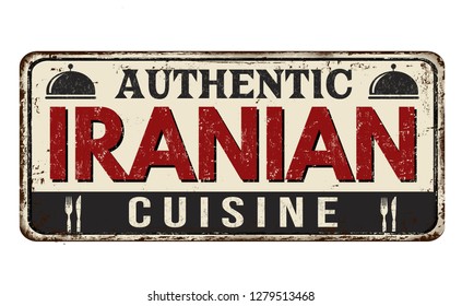 Authentic iranian cuisine vintage rusty metal sign on a white background, vector illustration
