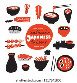 Authentic japanese cuisine.Hand drawn food. Doodles. Made in vector