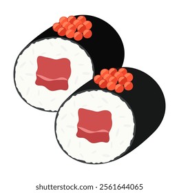 Authentic Japanese sushi and side dishes with vibrant ingredients. Vector flat Illustration