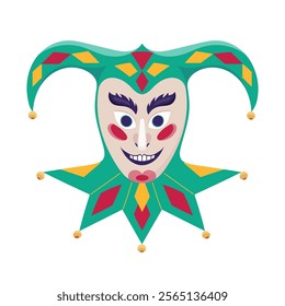 Authentic jester carnival mask with hat, bells and jabot. Mardi gras holiday traditional joker masque with rhombs. Venetian masquerade party clown face disguise accessory. Vector flat illustration