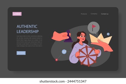 Authentic leadership nighmode or darkmode web banner or landing page. Confident businesswoman holding a helm. Top manager leading a team towards success. Flat vector illustration