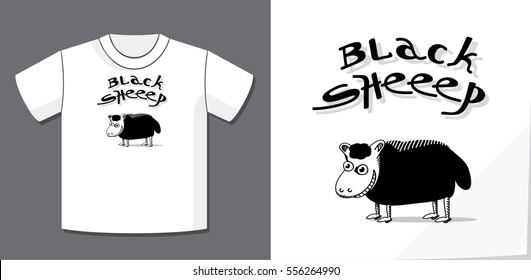 Authentic Lettering Logo Black Sheep with Triple E and Funny Smiling Animal with Potential Application Example on T-Shirt Vector Template - Black on White Background - Graphic Design and Quick Sketch