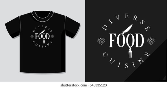 Authentic Lettering Logo Design of Word Food with Knife and Fork as Male and Female Symbols with Potential Application Example on T-Shirt Vector Template - White Elements on Background - Flat Graphic
