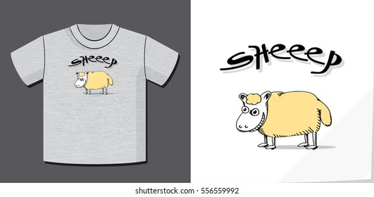 Authentic Lettering Logo Sheep with Triple E and Funny Smiling Animal with Potential Application on T-Shirt Template - Black and Yellow on Heather Grey Background - Flat Graphic and Sketch Design