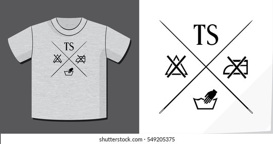 Authentic Lettering Logo TS Washing Symbols and Crossed Needles Creative Concept with Potential Application Example on T-Shirt Vector Template - Black Elements on Heather Grey Background - Flat Design