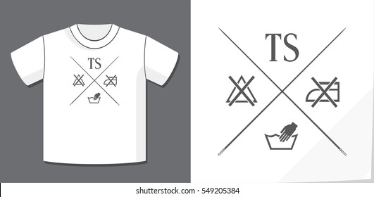 Authentic Lettering Logo TS Washing Symbols and Crossed Needles Creative Concept with Potential Application Example on T-Shirt Vector Template - Grey Elements on White Background - Flat Graphic Design