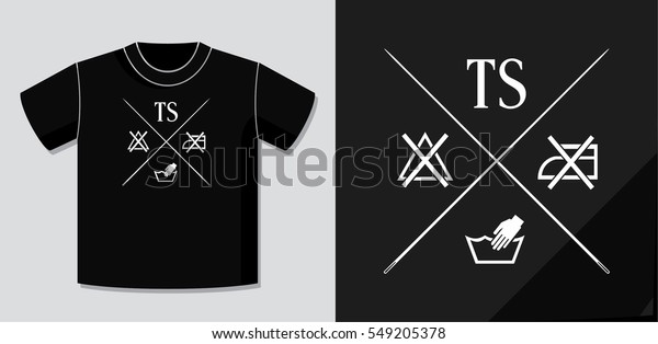 Authentic Lettering Logo TS Washing Symbols and\
Crossed Needles Creative Concept with Potential Application Example\
on T-Shirt Vector Template - White Elements on Black Background -\
Flat Design